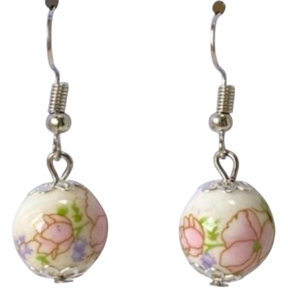Chinoiserie Porcelain Dangle Earrings Pink+Green / Blue + White Grandmillennial - Picture 4 of 15